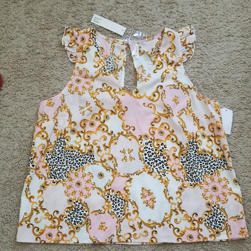True destiny Sleeveless Pink & Gold Baroque Print Top